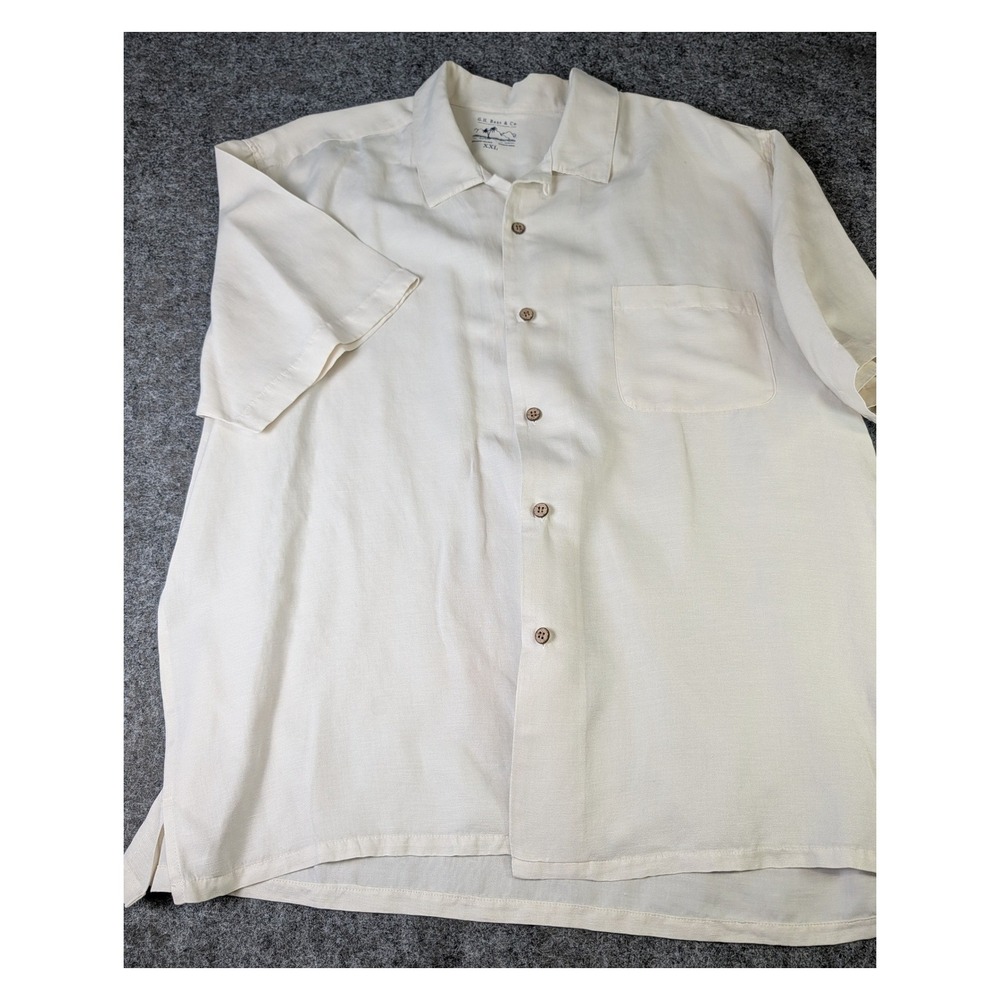 GH Bass Mens XXL Linen Silk Short Sleeve Button Down Shirt Cream Camp Pocket EUC